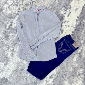 Embellished pinstripe women’s button down top.